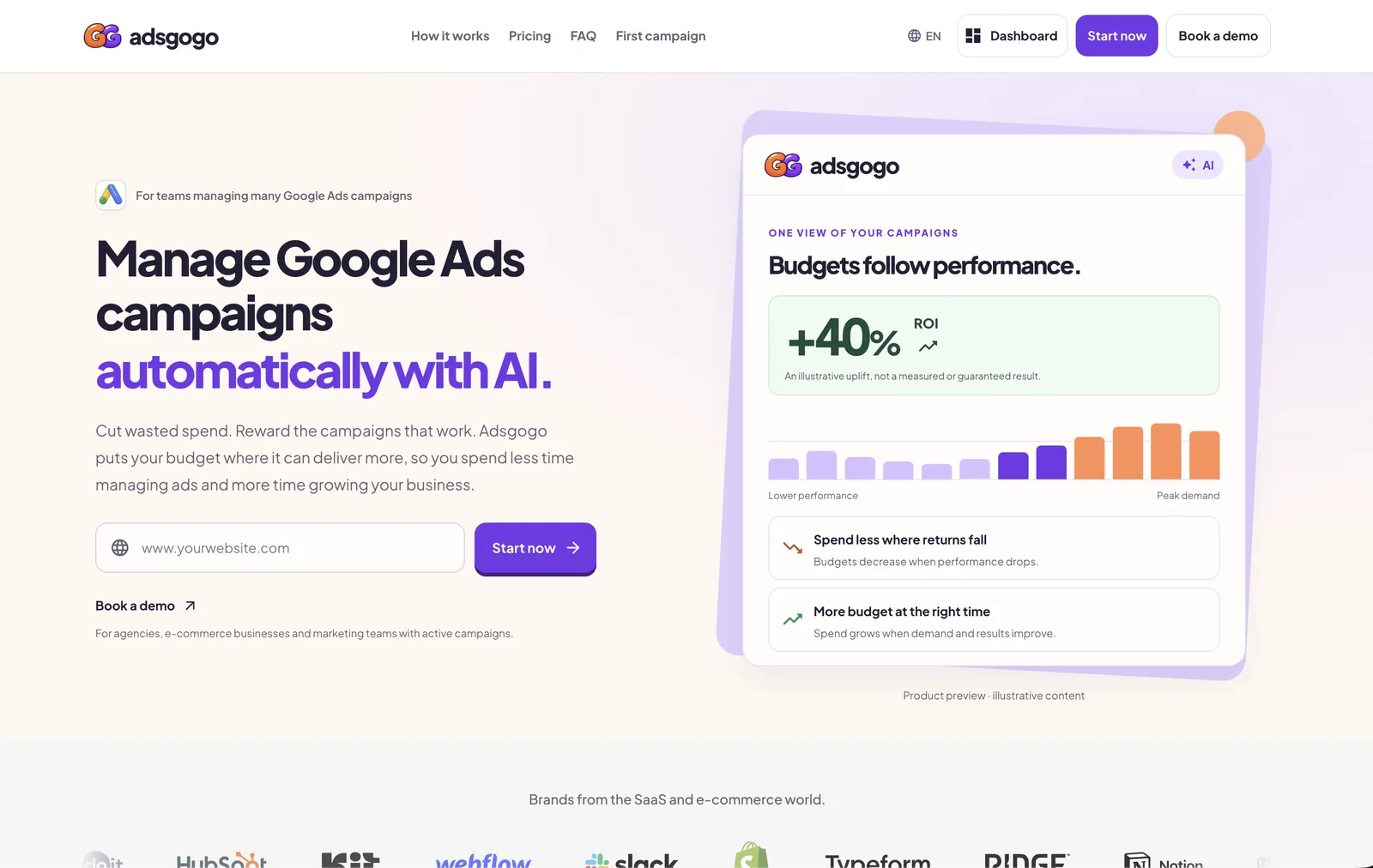 Homepage AdsGoGo per gestire le campagne Google Ads con l’AI