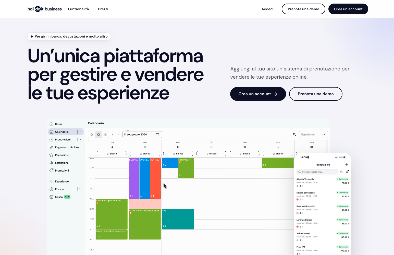 Homepage Holidoit Business con calendario delle esperienze e prenotazioni da smartphone