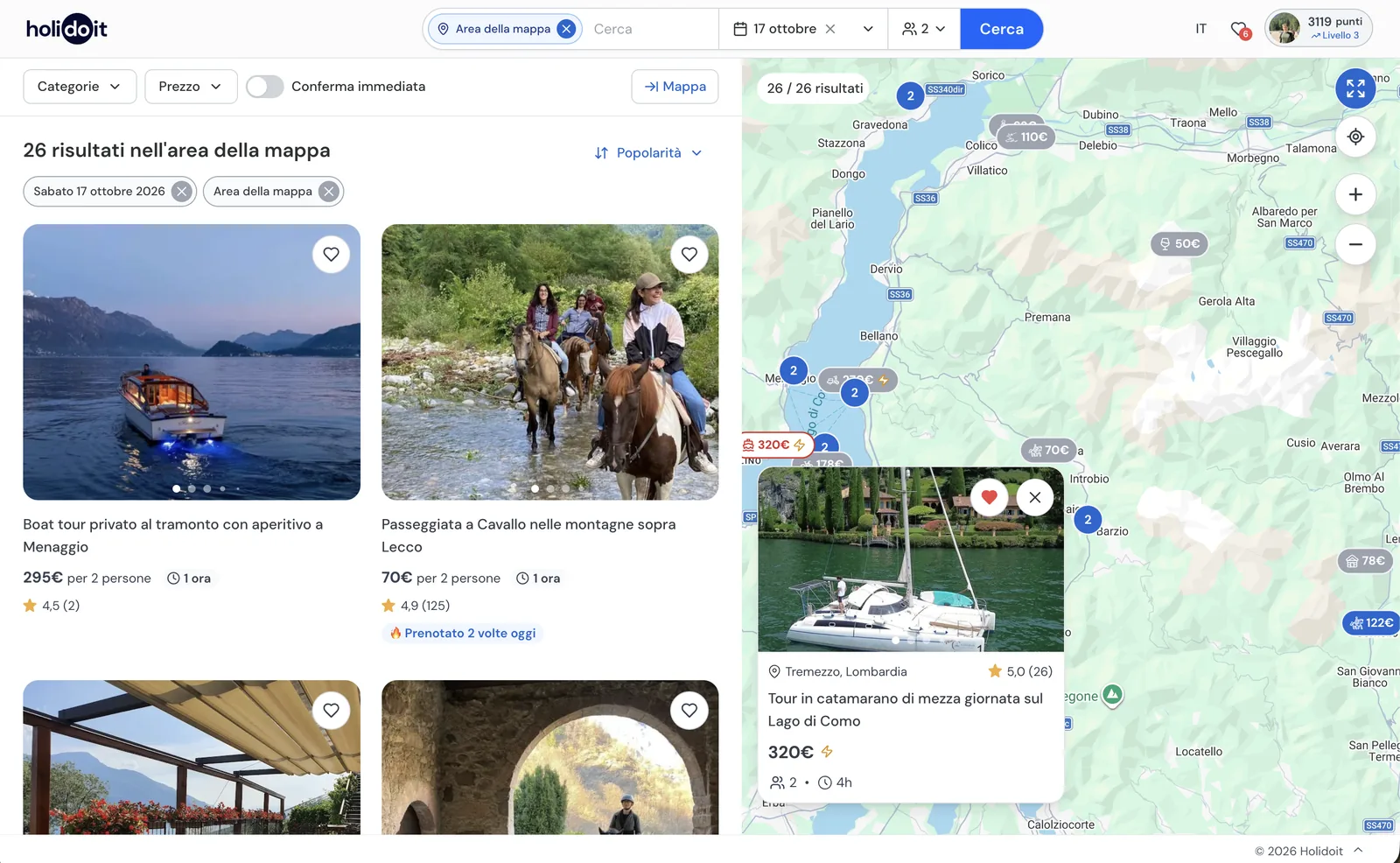 Ricerca Holidoit sul Lago di Como con esperienze, prezzi e mappa interattiva